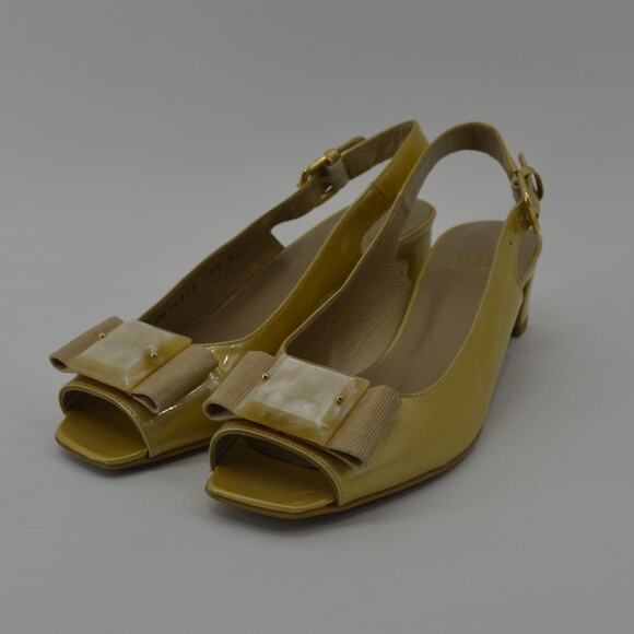 Stuart Weitzman Gold Patent Leather Block Heel Bow Size 6.5 - Picture 5 of 12